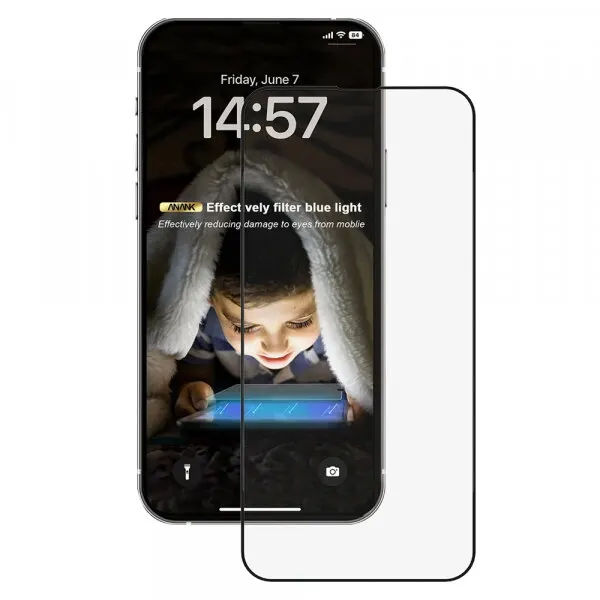 Anank Folie de protectie Ecran Anti Blue Light Anank pentru Apple iPhone 17e / 16e / 14 / 13 Pro, Sticla Securizata, Full Glue, 2.5D, Neagra
