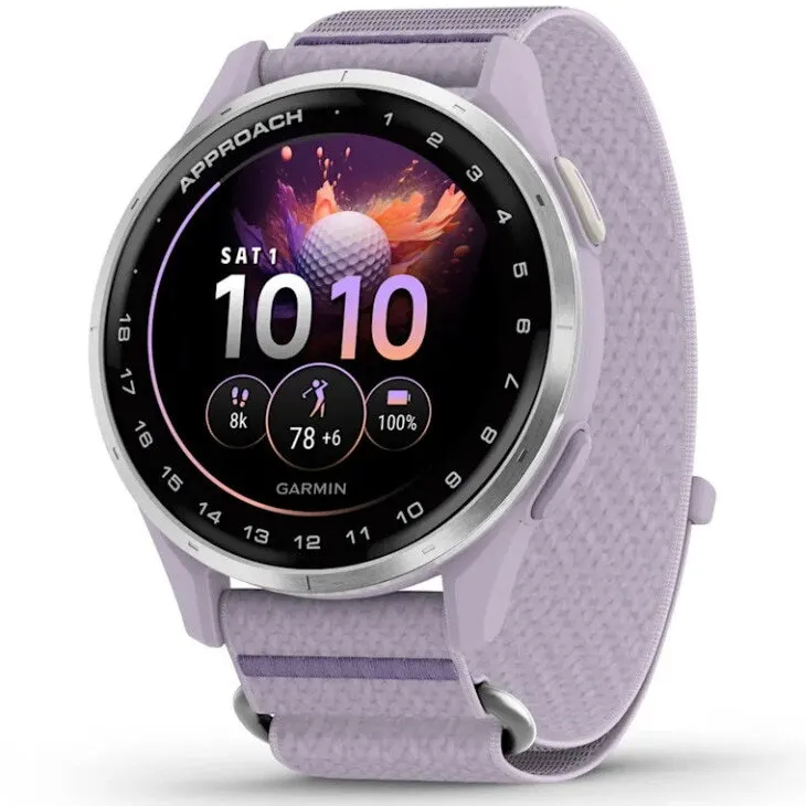 GARMIN Ceas inteligent Garmin Approach J1, 43 mm, Golf GPS, rama din aluminiu Silver cu curea din material textil ComfortFit, Lila