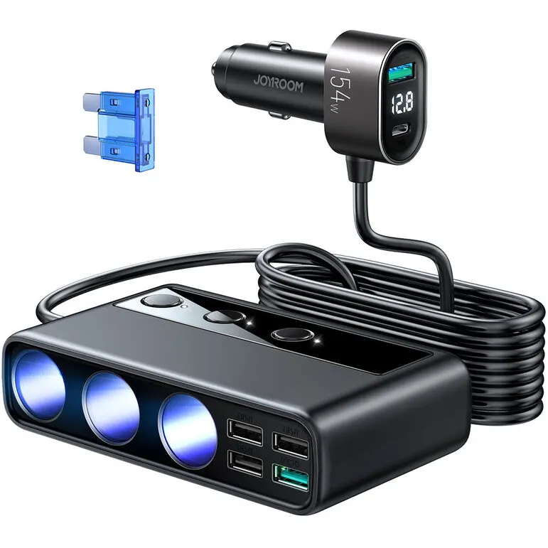 JOYROOM Incarcator Auto Joyroom JR-CL06, 154W, 3A, 4 x USB-A - 1 x USB-C - 4 x Extensie Bricheta, JYR058BLK, Negru