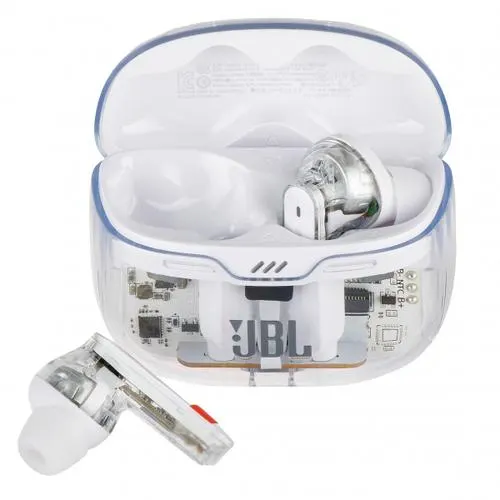 Casti True Wireless JBL Tune Beam, Active Noise Cancelling, Bluetooth, 4 Microfoane, Autonomie 48H, IP54 (Alb/Transparent)
