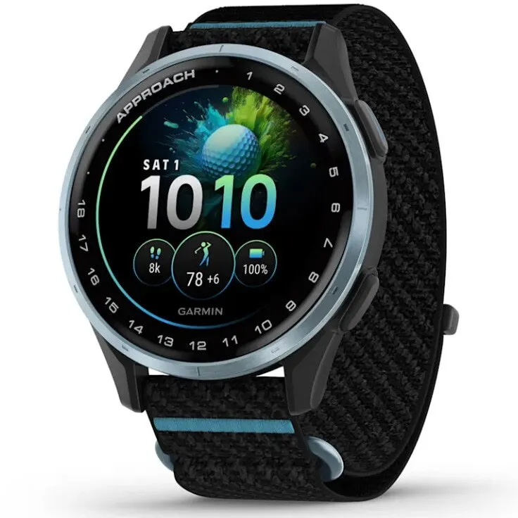 GARMIN Ceas inteligent Garmin Approach J1, 43 mm, Golf GPS, rama din aluminiu Cloud blue cu curea din material textil ComfortFit Negru-Azure