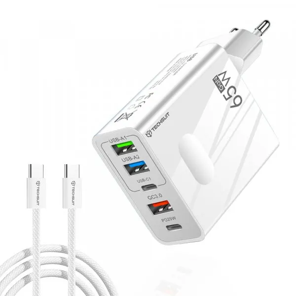 techsuit Incarcator Retea Cu Cablu USB-C Techsuit CHC1 PentaXPower, 25W, 3A, 3 x USB-A - 2 x USB-C, Alb