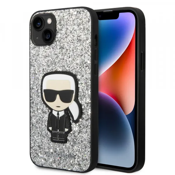 Karl Lagerfeld Husa pentru Apple iPhone 14 Plus, Karl Lagerfeld, Glitter Flakes Ikonik Karl, Argintie