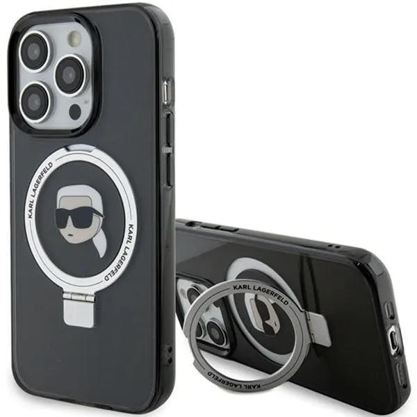 Karl Lagerfeld Husa MagSafe pentru Apple iPhone 15 Pro, Karl Lagerfeld, Ring Stand Karl's Head, Neagra