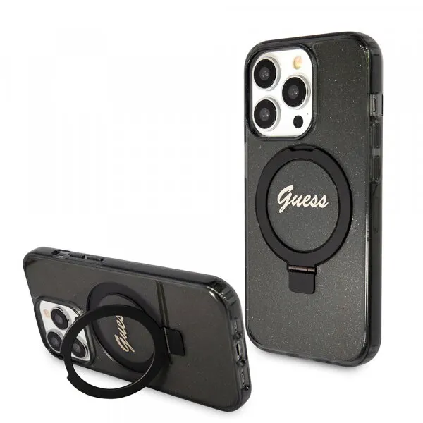 Guess Husa MagSafe pentru Apple iPhone 15 Pro, Guess, IML Ring Stand Glitter, Neagra