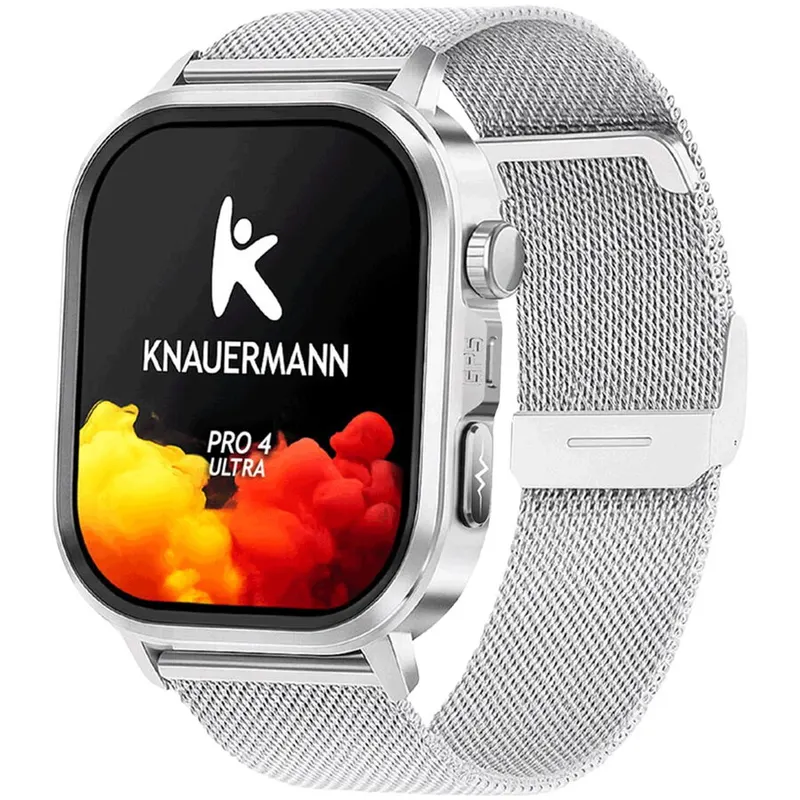 Knauermann Ceas smartwatch Knauermann PRO 4 ULTRA BT, AMOLED 1.95 inch, GPS, EKG, detectare caderi, bratara Milanaise, Argintiu