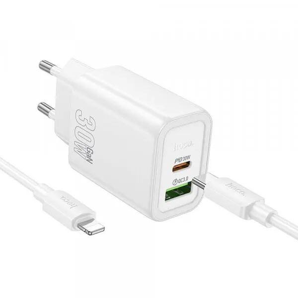HOCO Incarcator Retea Cu Cablu Lightning HOCO N63, 30W, 3A, 1 x USB-A - 1 x USB-C, Alb
