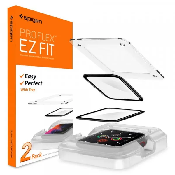 Spigen Folie Protectie Spigen ProFlex EZ FIT pentru Apple Watch 44mm Series, Set 2 bucati, Sticla Flexibila, Neagra AFL01220