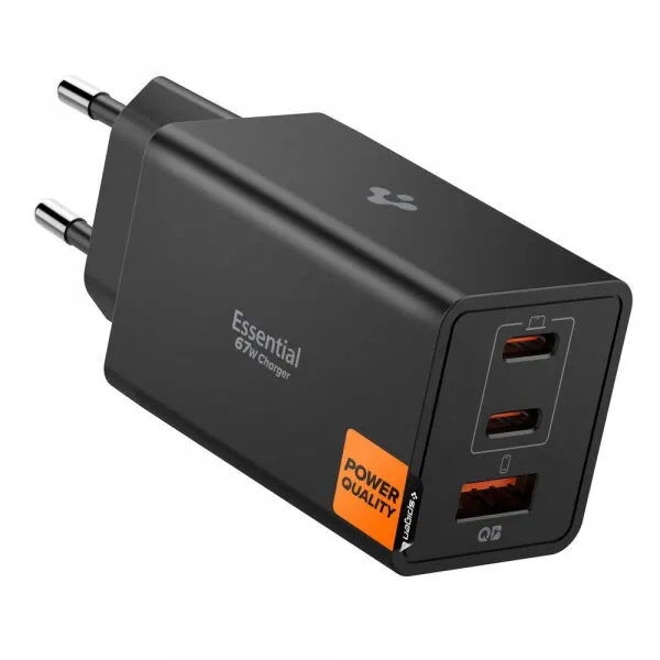 Spigen Incarcator Retea Spigen Essential, 67W, 3.25A, 1 x USB-A - 2 x USB-C, Negru ACH09458