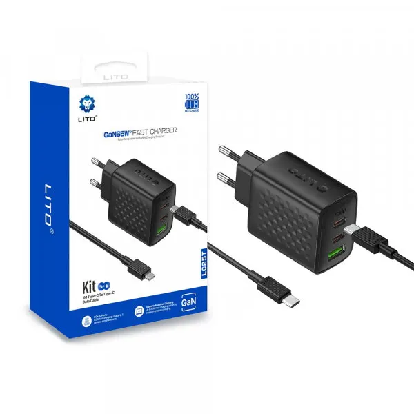 LITO Incarcator Retea Cu Cablu USB-C Lito LC25T, 65W, 3.25A, 1 x USB-A - 2 x USB-C, Negru