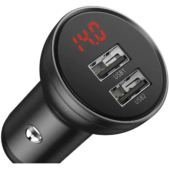 BASEUS Incarcator auto Baseus Display, 2x USB, 4.8A, 24W, Gri