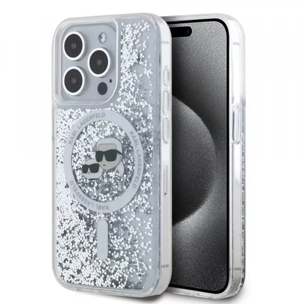Karl Lagerfeld Husa MagSafe pentru Apple iPhone 15 Pro, Karl Lagerfeld, Liquid Glitter Karl & Choupette's Heads, Transparenta