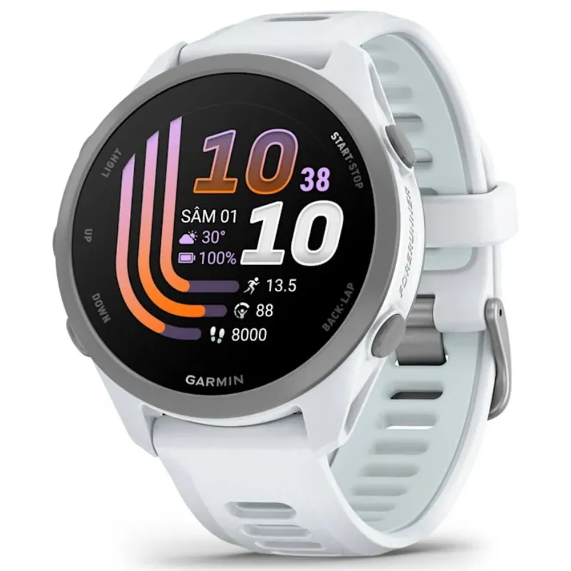 GARMIN Ceas inteligent Garmin Forerunner 170, 43 mm, AMOLED, GPS, compatibil Android/iOS, Garmin Pay, curea din silicon, Alb piatra-Albastru deschis
