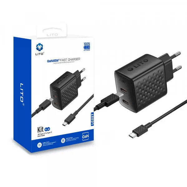LITO Incarcator Retea Cu Cablu USB-C Lito LC22T, 45W, 3A, 2 x USB-C, Negru