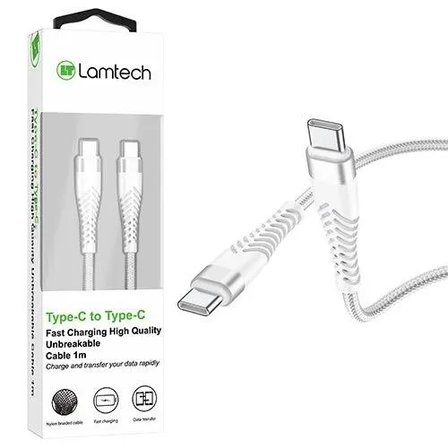 Cablu Date si Incarcare Lamtech, Type-C la Type-C, Incasabil, 1m, Alb