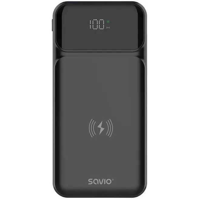 Savio Baterie externa Savio, 10000 mAh, Incarcare Wireless, 20W, Negru, iesire 2 x USB