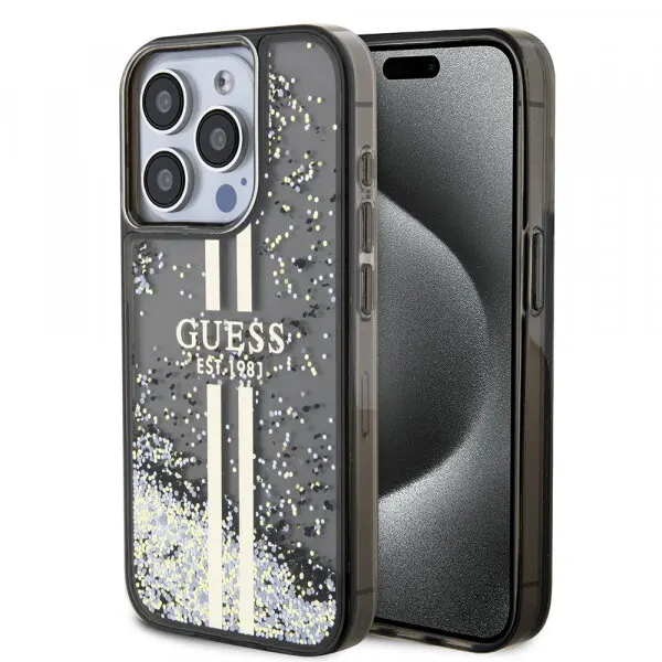 Guess Husa pentru Apple iPhone 15 Pro, Guess, Liquid Glitter Gold Stripe, Neagra