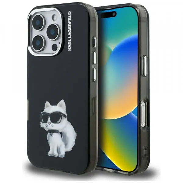 Karl Lagerfeld Husa pentru Apple iPhone 16 Pro, Karl Lagerfeld, IML Aquarelle Logo Choupette, Neagra
