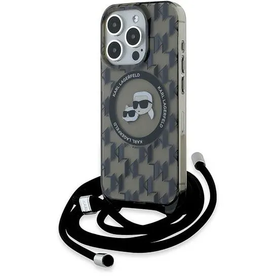 Karl Lagerfeld Husa MagSafe pentru Apple iPhone 15 Pro, Karl Lagerfeld, IML Crossbody Monogram Karl & Choupette's Heads, Neagra