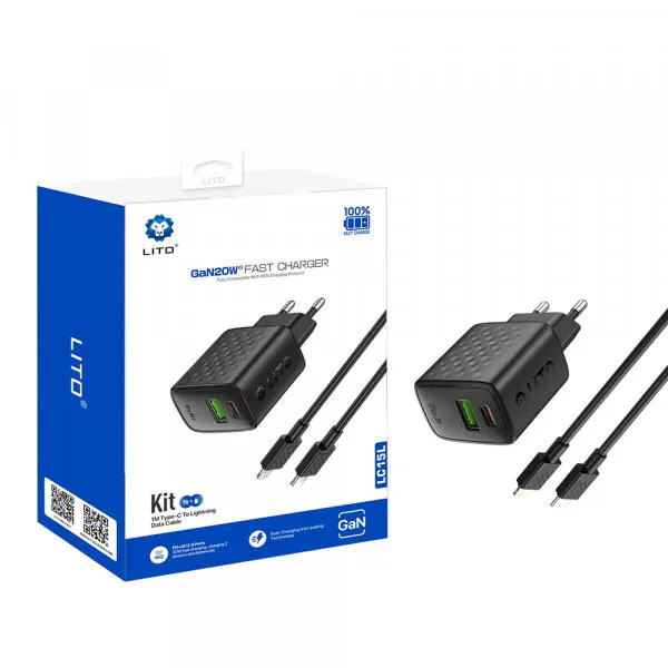 LITO Incarcator Retea Cu Cablu Lightning Lito LC15L, 20W, 3A, 1 x USB-A - 1 x USB-C, Negru