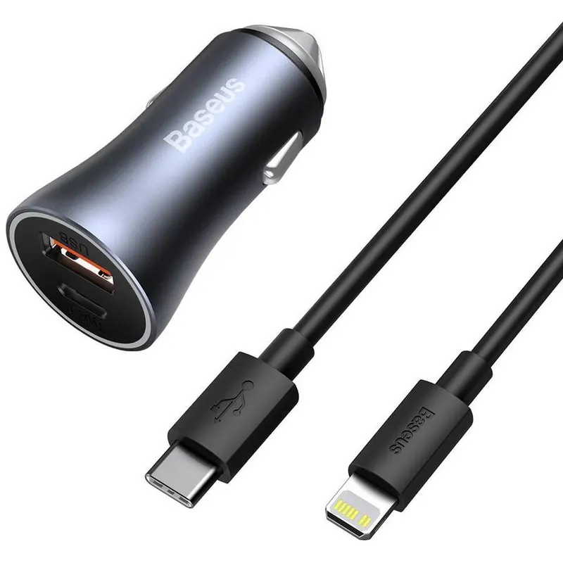 BASEUS Incarcator Auto USB si Type-C Baseus, Golden Contactor Pro Dual Quick Charger, Cablu Baseus USB C la Lightning, Dark Gray