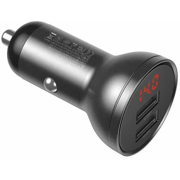 BASEUS Set incarcator auto, Baseus Digital Display, IMK-TZCCBX-0G, 2 porturi USB, Quick Charge, SCP, 24W, Afisaj tensiune, Negru, Cablu de date 3 in 1 inclus
