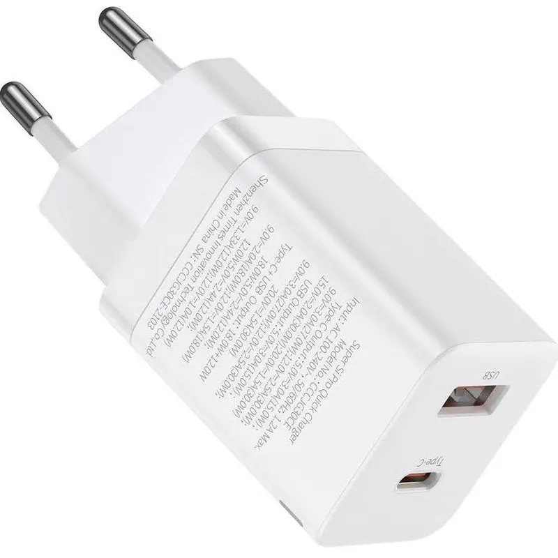 BASEUS INCARCATOR retea Baseus Super Si Pro, Quick Charge 30W, 1 x USB 5V/3A, 1 x USB Type-C 5V/3A, alb