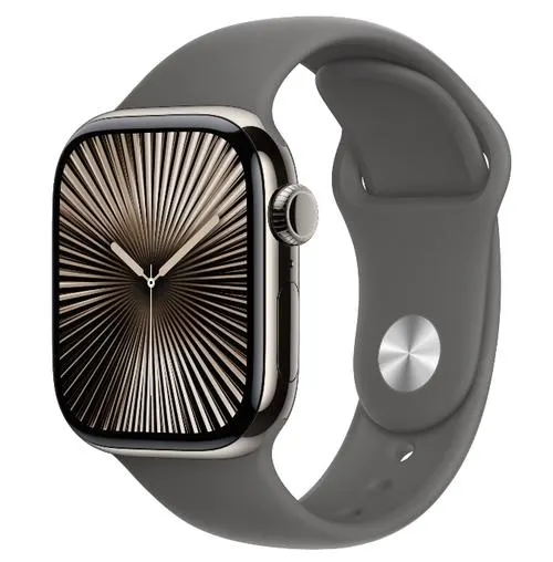 Smartwatch Apple Watch 10 GPS Cellular, Carcasa Natural Titanium 42mm, ecran LTPO OLED, 64GB, curea silicon Stone Grey Sport Band - M/L (Gri)