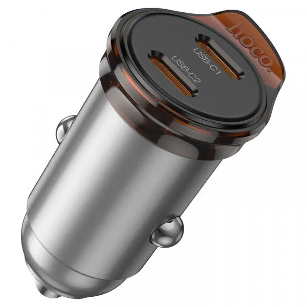 HOCO Incarcator Auto Cu Cablu Lightning HOCO NZ16B, 45W, 3A, 2 x USB-C, Gri
