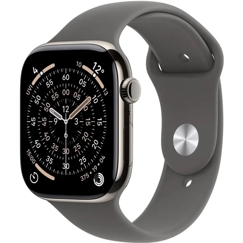 Apple Ceas inteligent Apple Watch Series 11, GPS + Cellular 46mm, Carcasa din titaniu, Curea sport, Masura S/M, Gri piatra